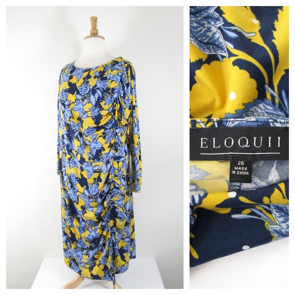 Eloquii Dresses & Skirts - Eloquii Womens Plus Size Navy Blue Yellow Floral Shift Midi Dress Size 26